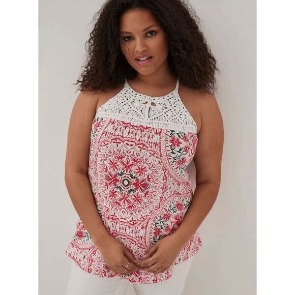 Torrid Red Ivory Knit Macramé High Neck Boho Print Tank Size 0 Large NWT - Picture 7 of 11